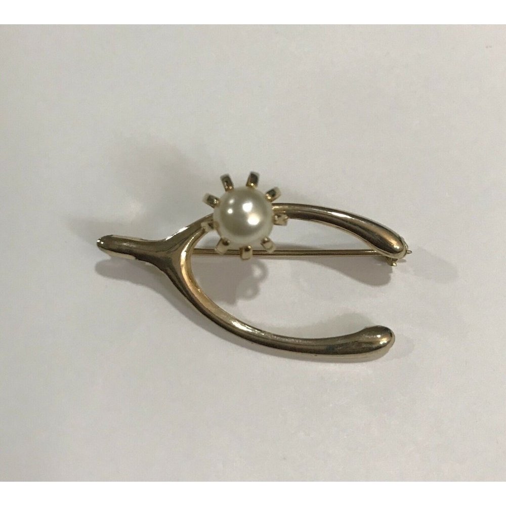 VINTAGE WISHBONE BROOCH GOOD LUCK SYMBOL GOLD TONE METAL PIN FAUX PEARL - Picture 2 of 7